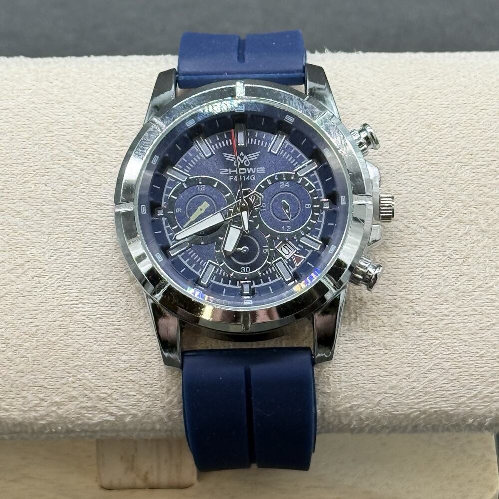 Zhowe F4 140 Men's Quartz Watch Blue Multi-Dial Face Silver Case Silicone Strap